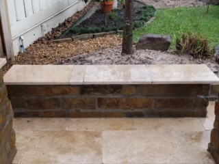 Oklahoma Choprock Sitting bench and columns with English Walnut Travertine cap