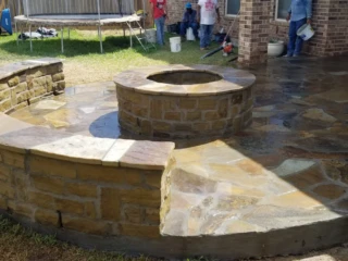 Oklahoma Flagstone patio with Mortared base and joints, Oklahoma Choprock Firepit and sitting walls with Oklahoma Flagstone Tops