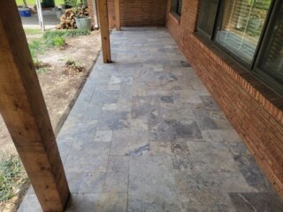 Versaille pattern, Nordic silver color travertine pavers capped over existing concrete