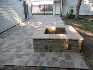 Oklahoma chop rock square firepit with paver patio Danville beige color