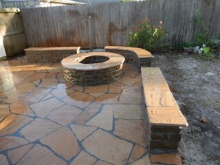 Arizona flagstone patio and Oklahoma chop rock firepit and benches